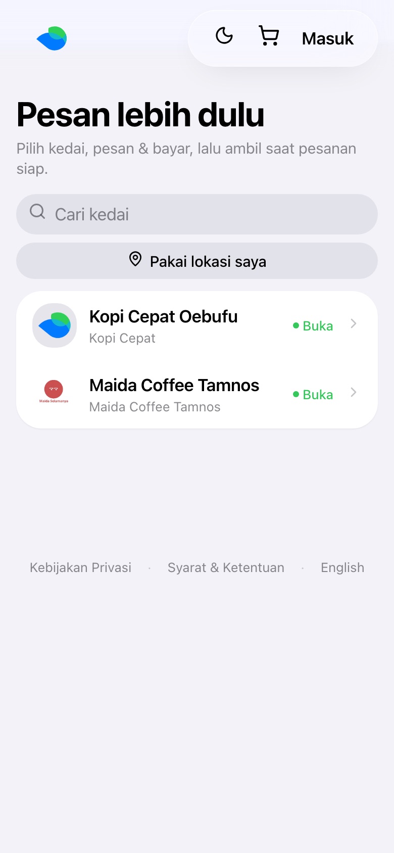 Halaman utama Kopi Cepat: daftar kedai yang buka, termasuk Kopi Cepat Oebufu