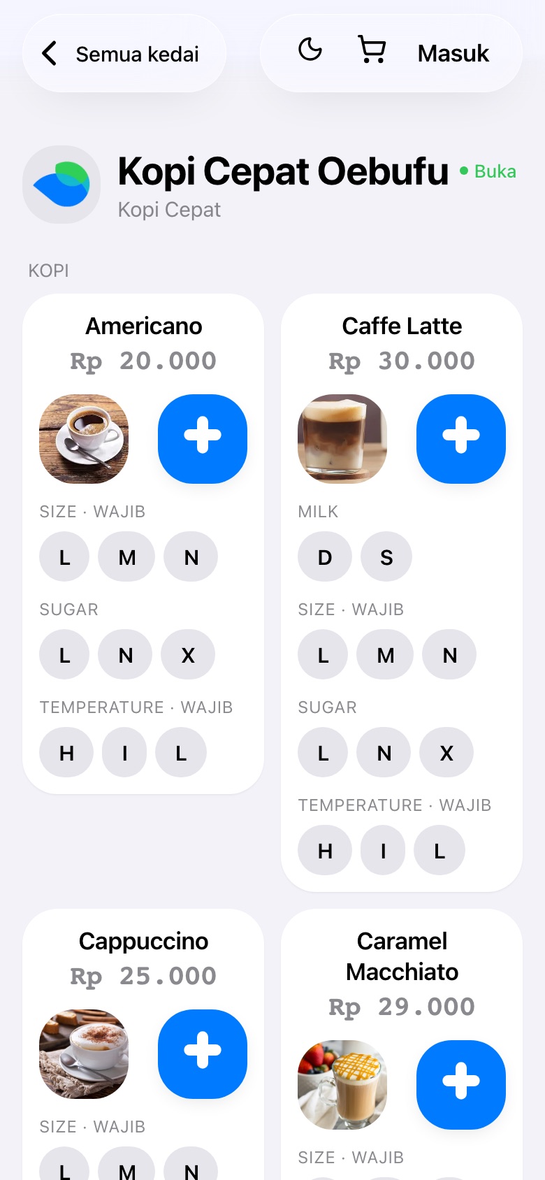 Menu Kedai Kopi Cepat Oebufu dengan pilihan ukuran, gula, dan suhu