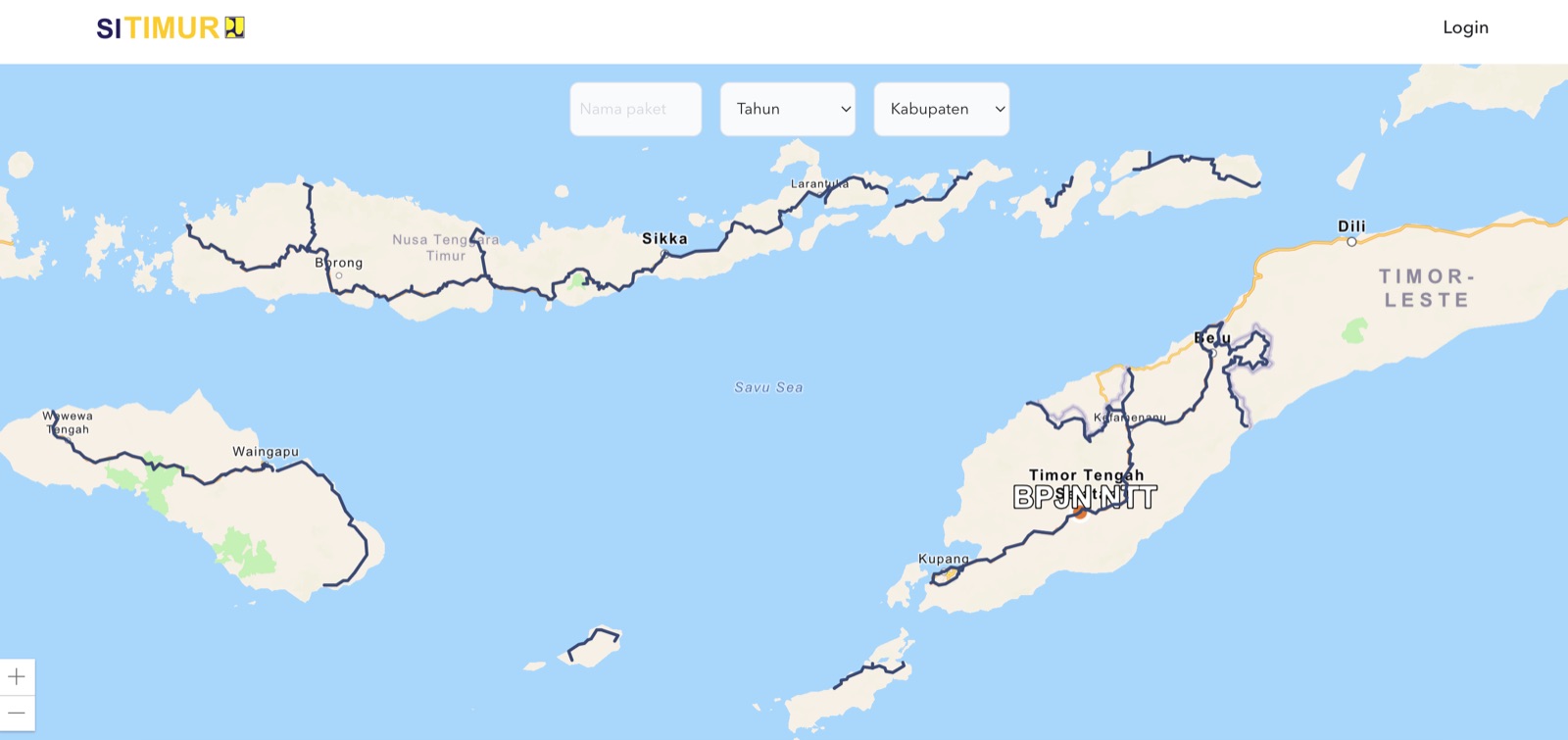 Peta interaktif SITIMUR menampilkan rute proyek jalan nasional BPJN di NTT, dengan filter nama paket, tahun, dan kabupaten